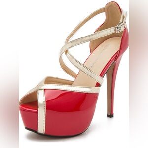Enelauge Womens Red Platform high heel  Stillettos w/ Gold Criss cross straps